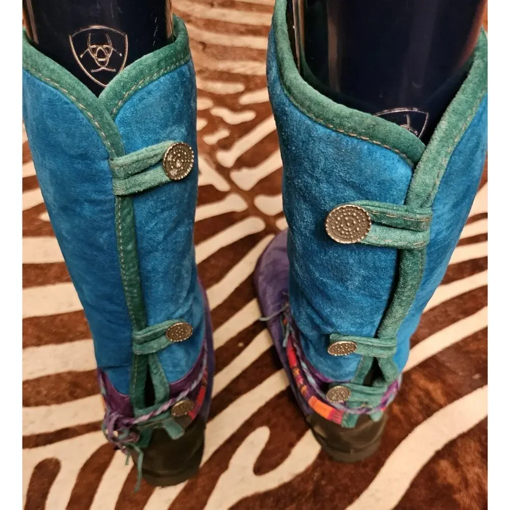 Vintage 90s Shearling Native Eskimo Boots Southwestern Leather Teal Vibram Sole